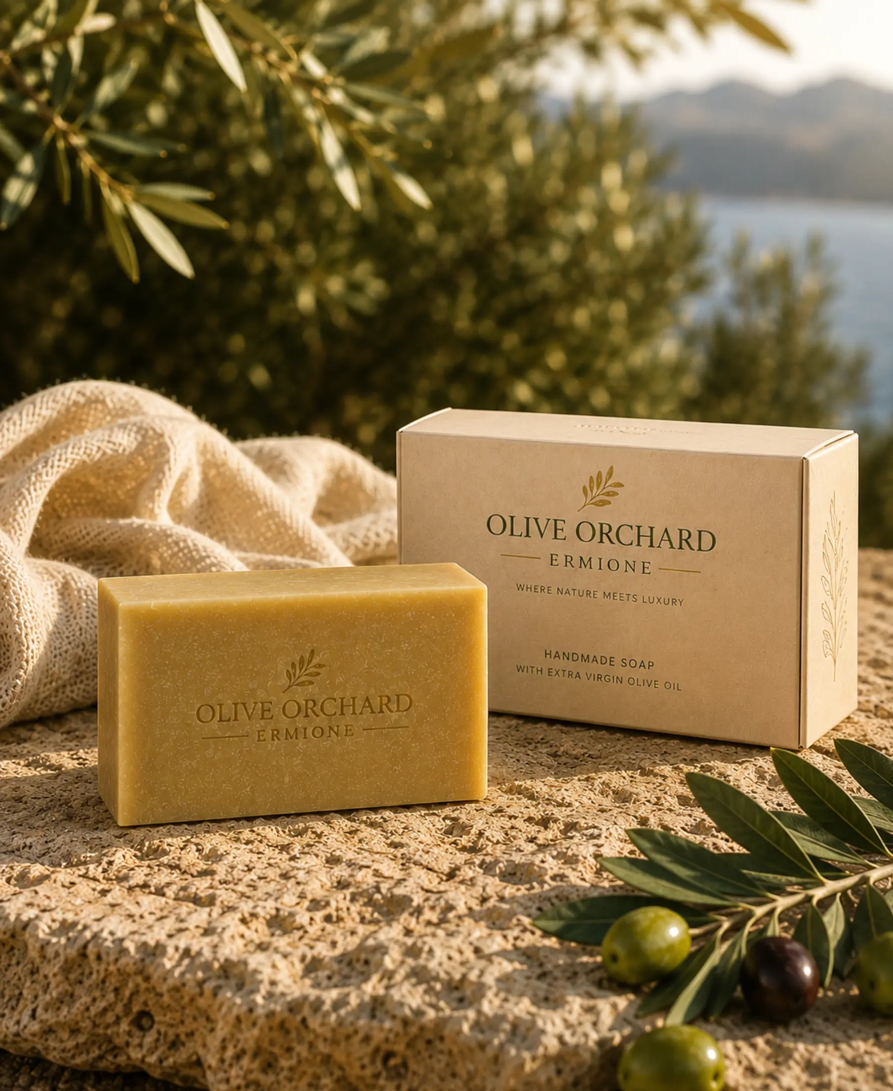 Classic handcrafted Olive Orchard Ermione olive oil soap with luxury packaging