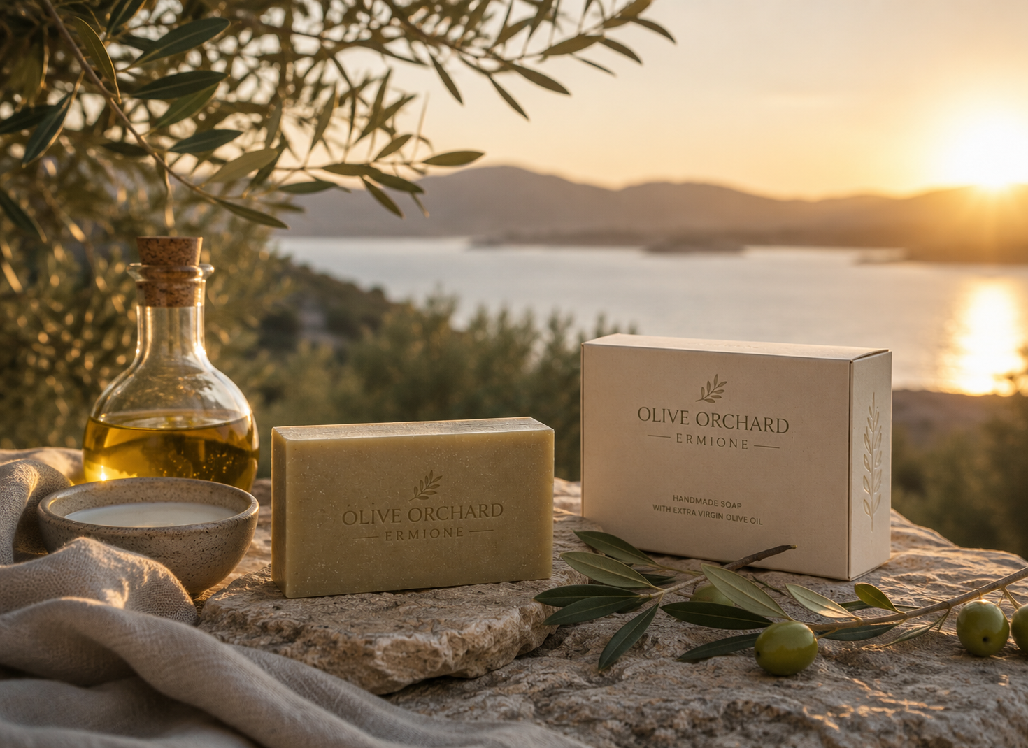 Handcrafted olive oil soap with goat milk beside its premium packaging, extra virgin olive oil and olive branches in Ermione, Greece.